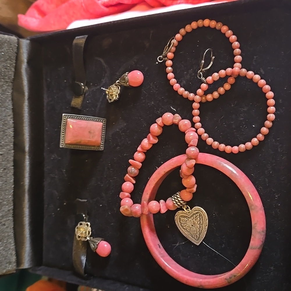 Pink Rhodonite  Jewelry Set with 2 Pair  Earrings, 2 Bracelets, and Ring